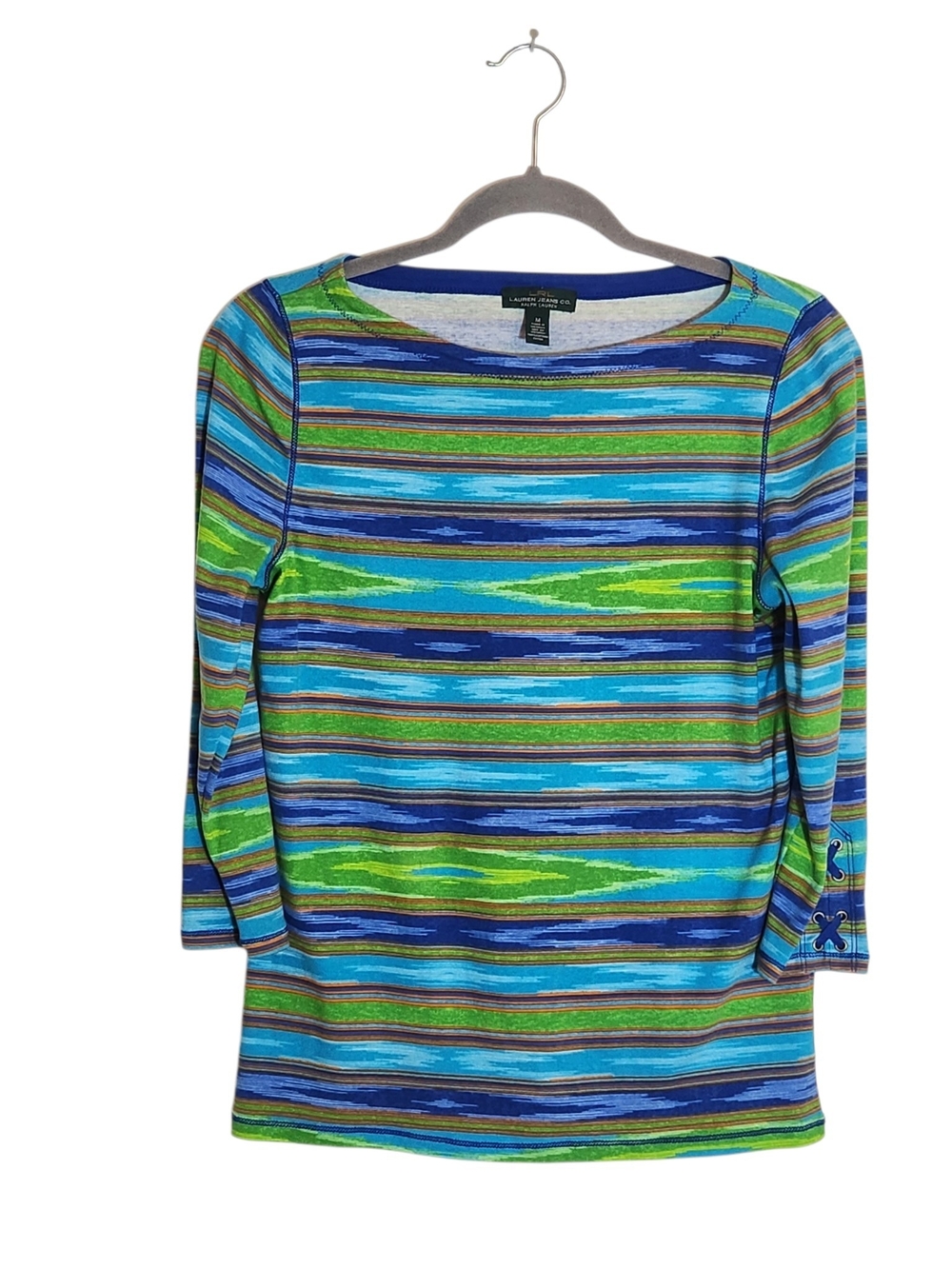 Lauren Ralph Lauren Blue and Green Southwestern Stripe Boat Neck Tee Size Medium